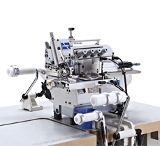 微电脑自动上圆领、橡筋裤头细筒包缝机